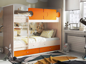 Кровать двухъярусная Тетрис латы с бортиками дуб млечный-оранжевый в Дегтярске - degtyarsk.magazinmebel.ru | фото